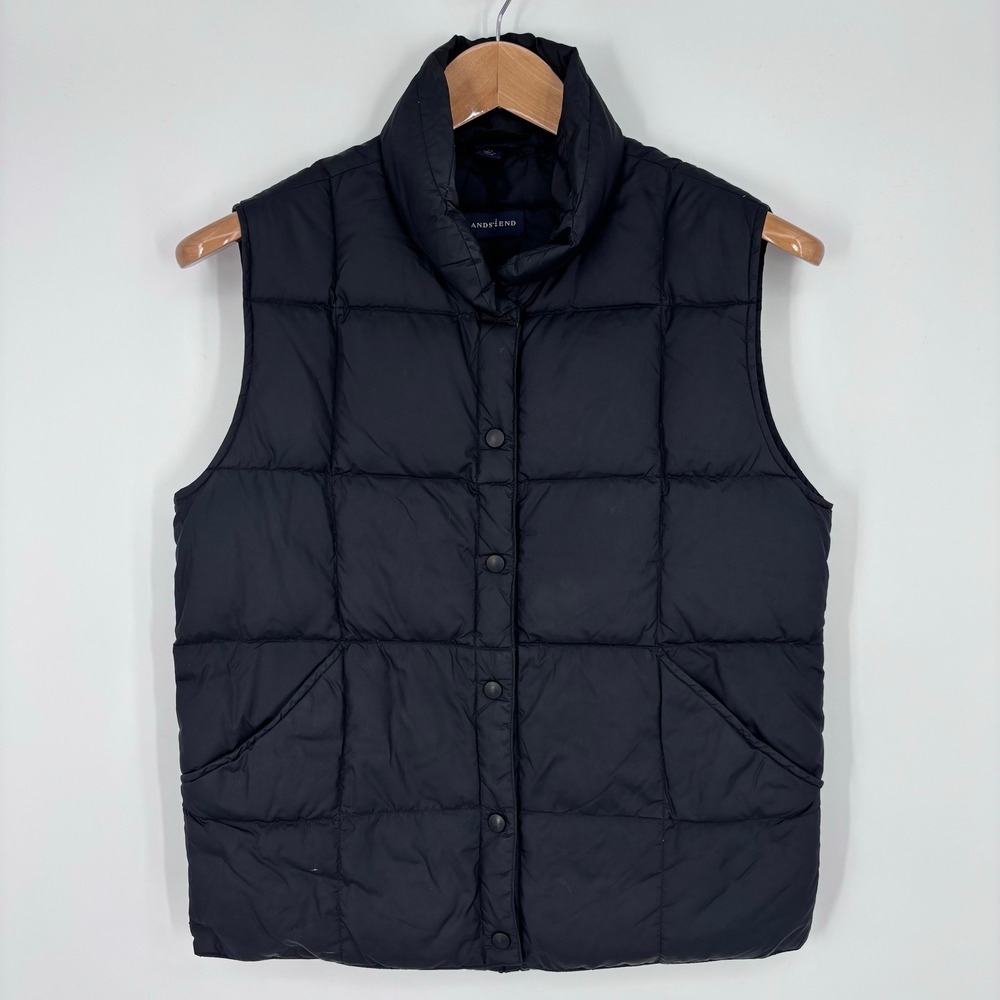 Lands End Goose Down Puffer Vest Womens Small 6-8 Black Quilted Snap Outdoors